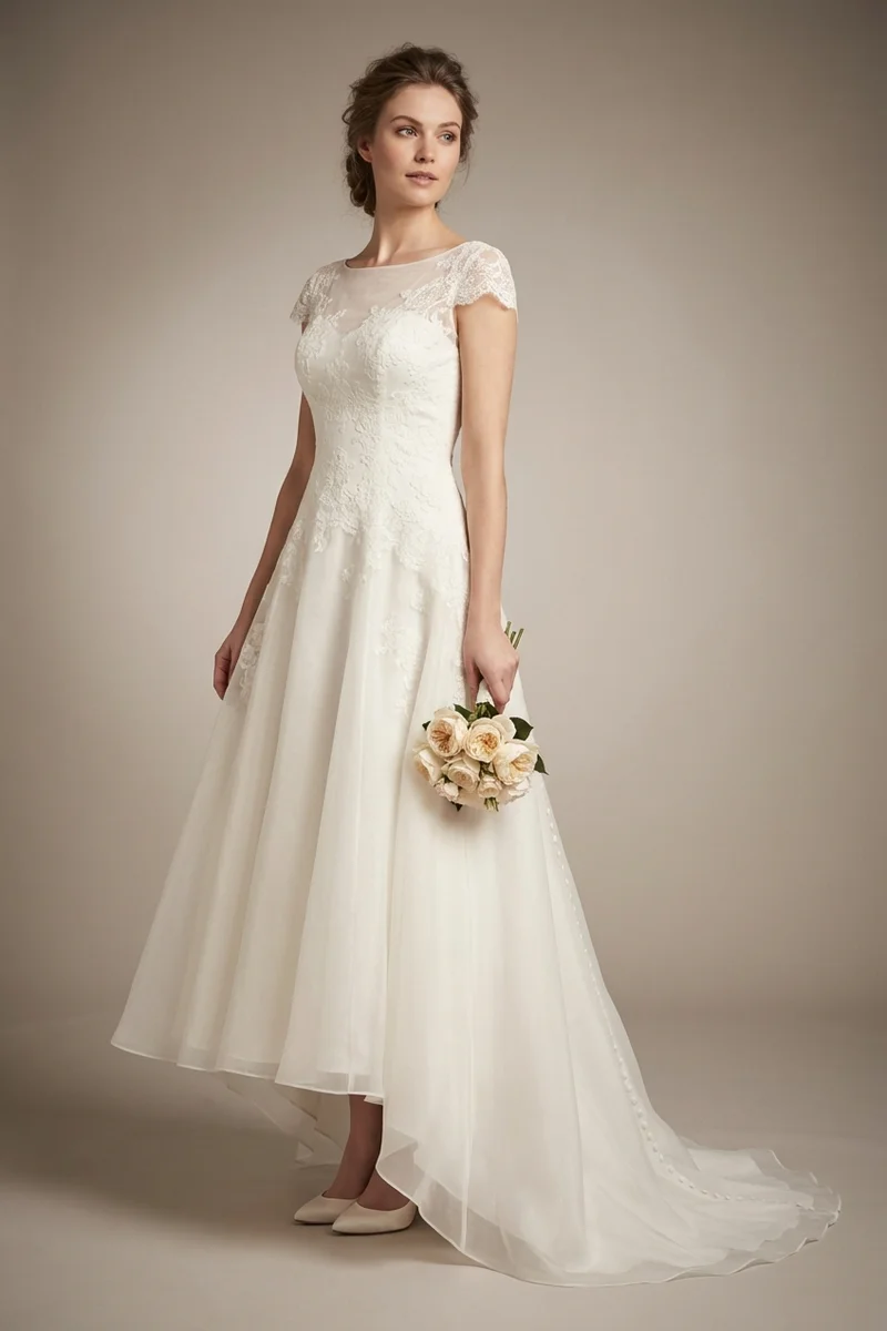 Vintage Tea Length Garden Wedding Dress with Button Back - 1