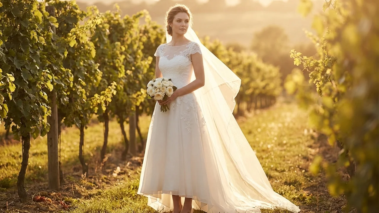 Vintage Tea Length Garden Wedding Dress with Button Back - 6