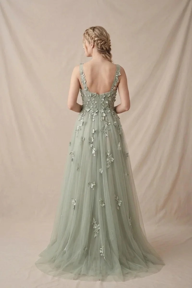 Sage Green Tulle A-Line Wedding Dress with Floral Applique - 2