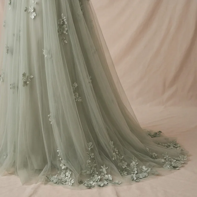 Sage Green Tulle A-Line Wedding Dress with Floral Applique - 4
