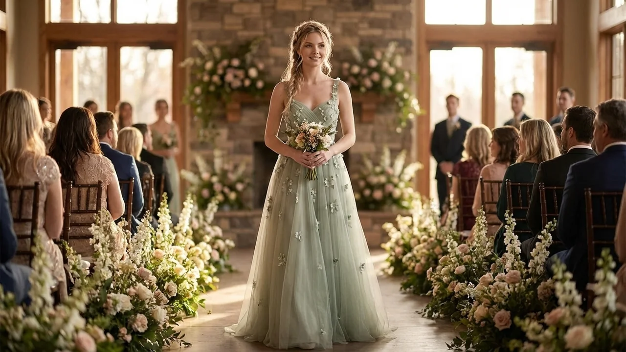 Sage Green Tulle A-Line Wedding Dress with Floral Applique - 5