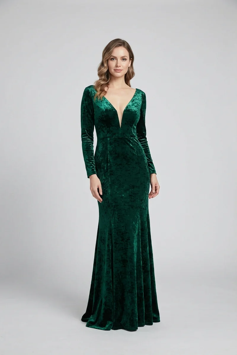 Emerald Green Velvet Long Sleeve Wedding Dress - 1