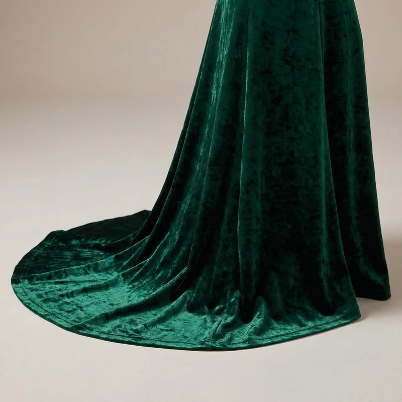 Emerald Green Velvet Long Sleeve Wedding Dress - 4