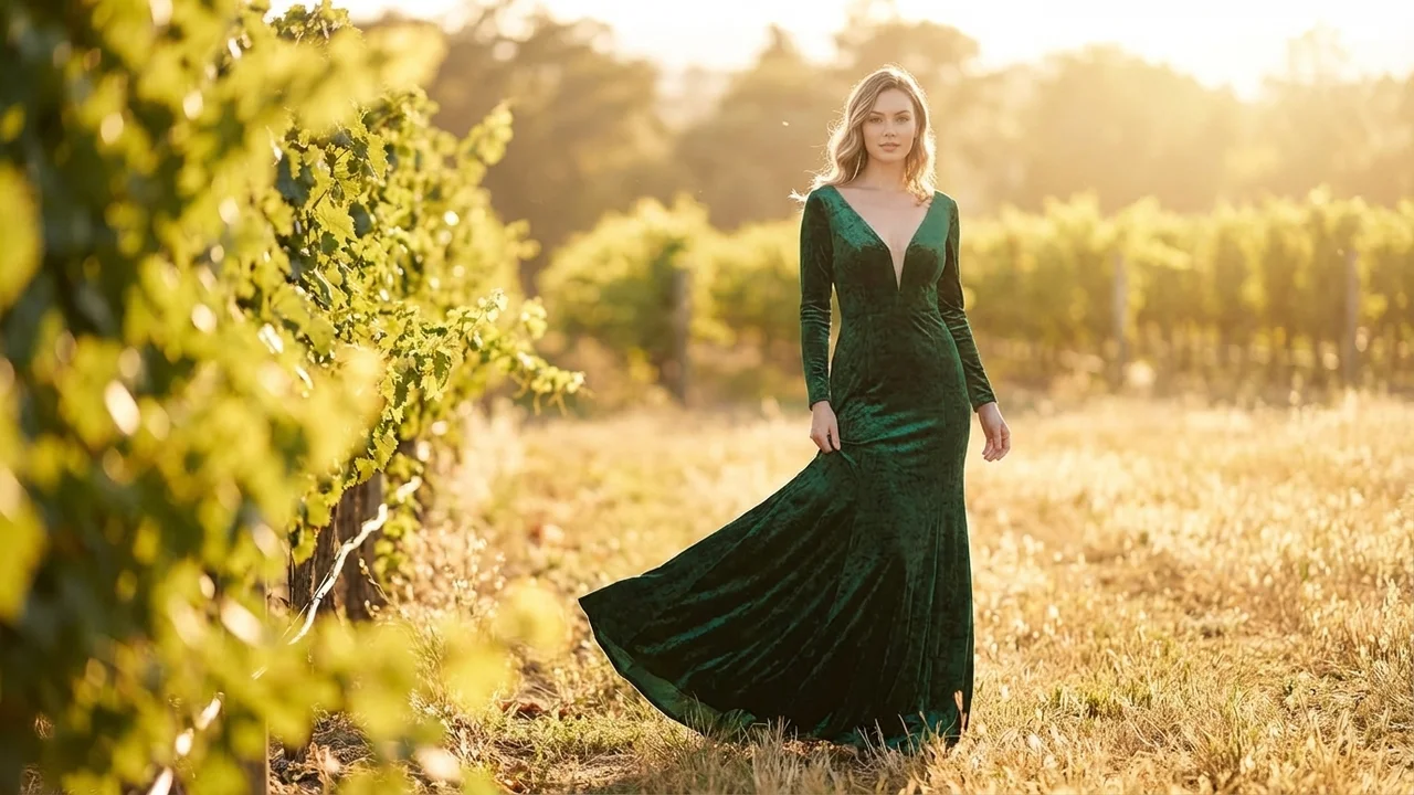 Emerald Green Velvet Long Sleeve Wedding Dress - 6