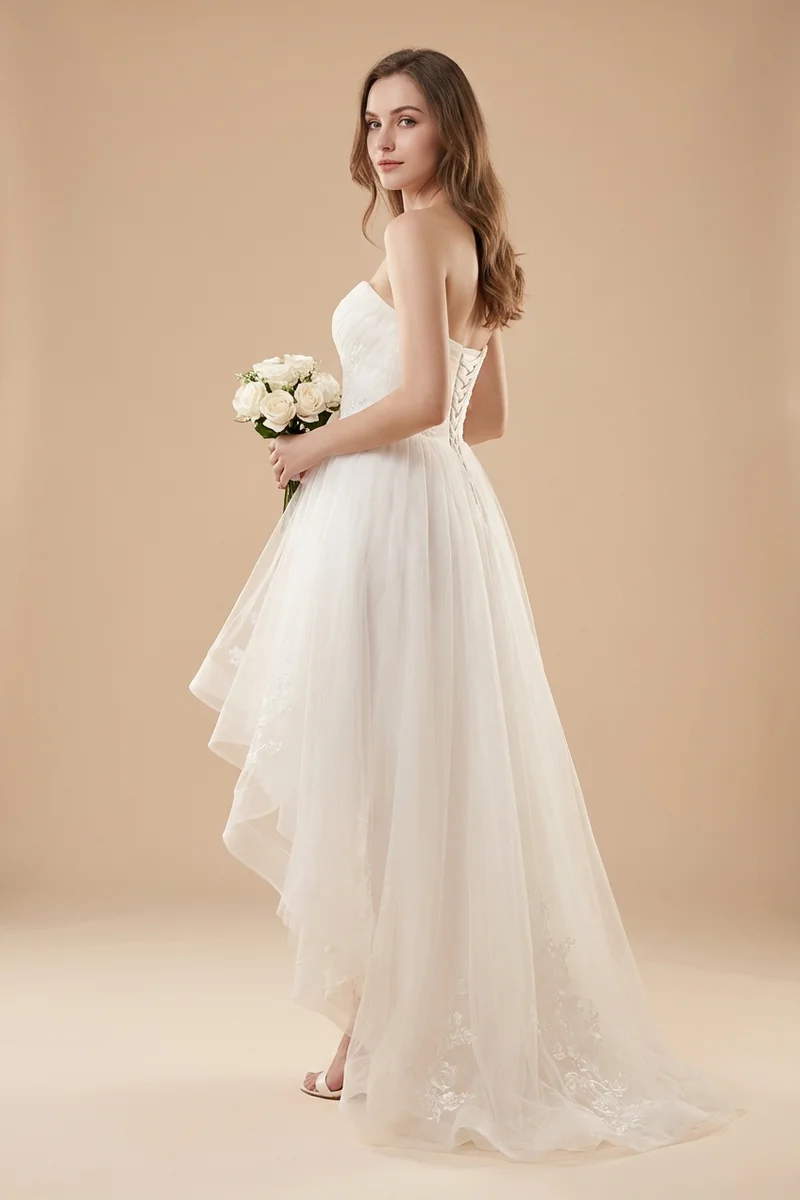 High Low Tulle Wedding Dress with Sweetheart Neckline - 1