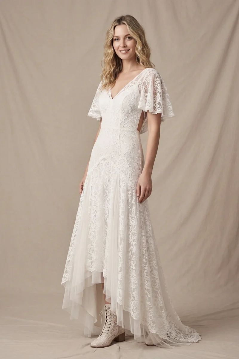 High Low Lace Bohemian Wedding Dress with Flutter Sleeves - 1