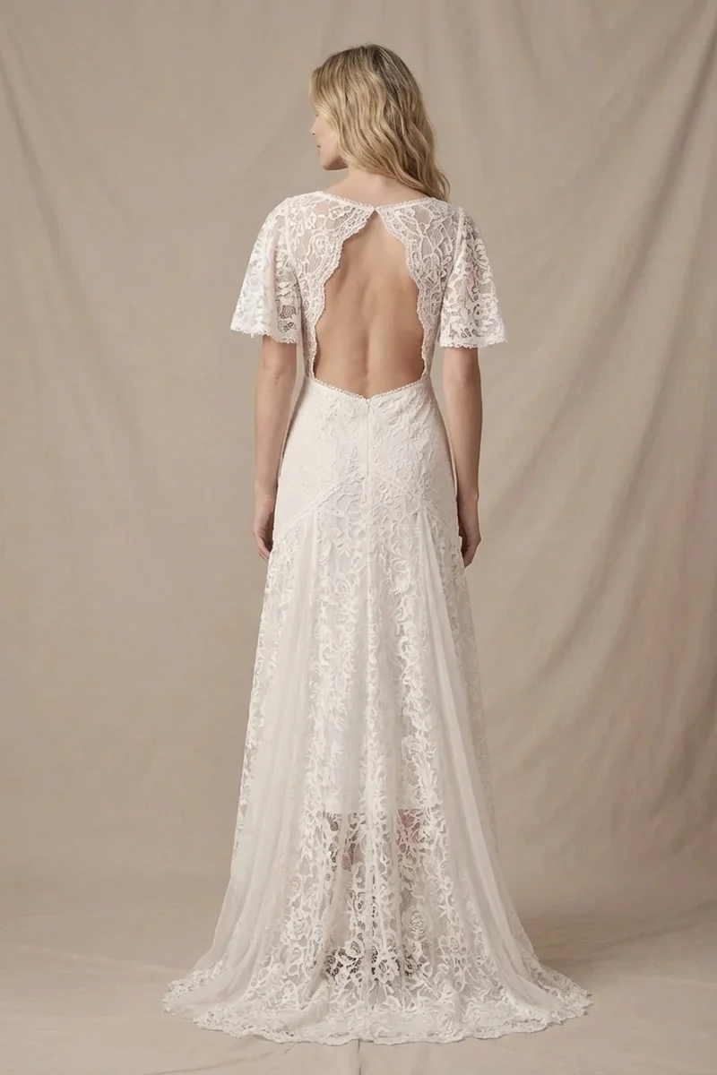 High Low Lace Bohemian Wedding Dress with Flutter Sleeves - 2