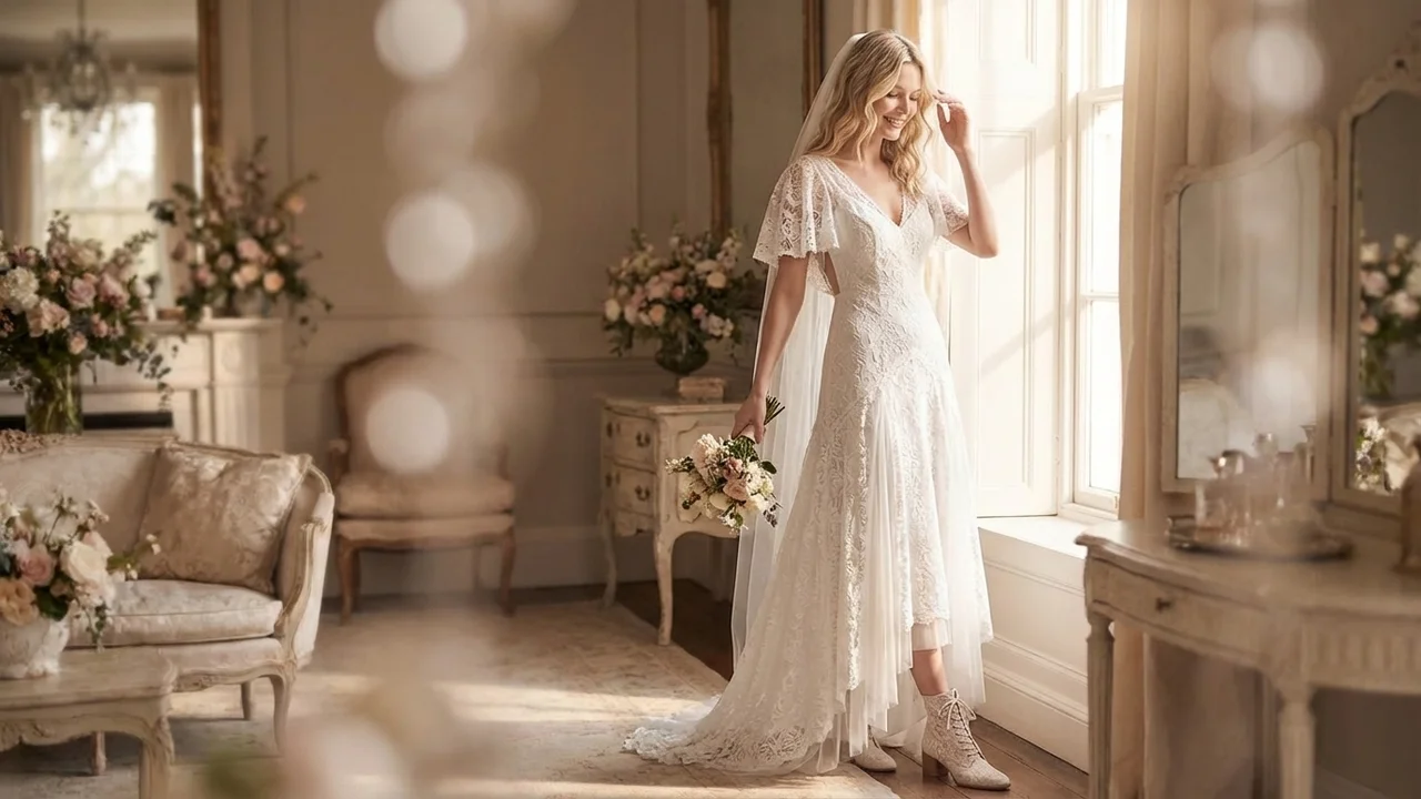 High Low Lace Bohemian Wedding Dress with Flutter Sleeves - 5