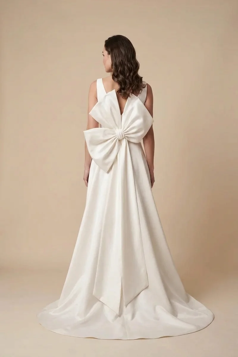 High Low Satin Wedding Dress with Dramatic Bow Back - 2