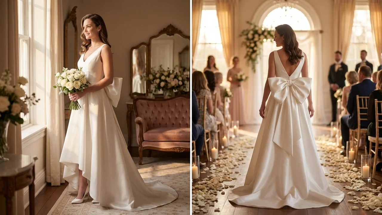 High Low Satin Wedding Dress with Dramatic Bow Back - 5