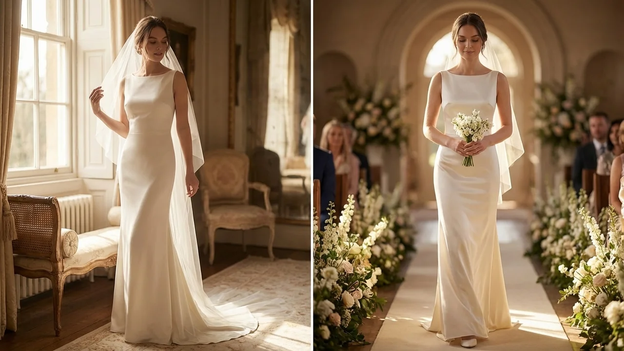 Aurora Ivory Satin Sheath Wedding Dress - 5