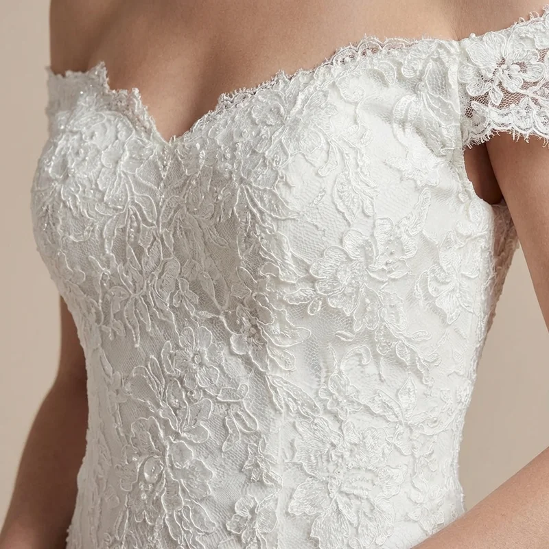 Off Shoulder Lace Mermaid Wedding Dress with Chapel Train - 3