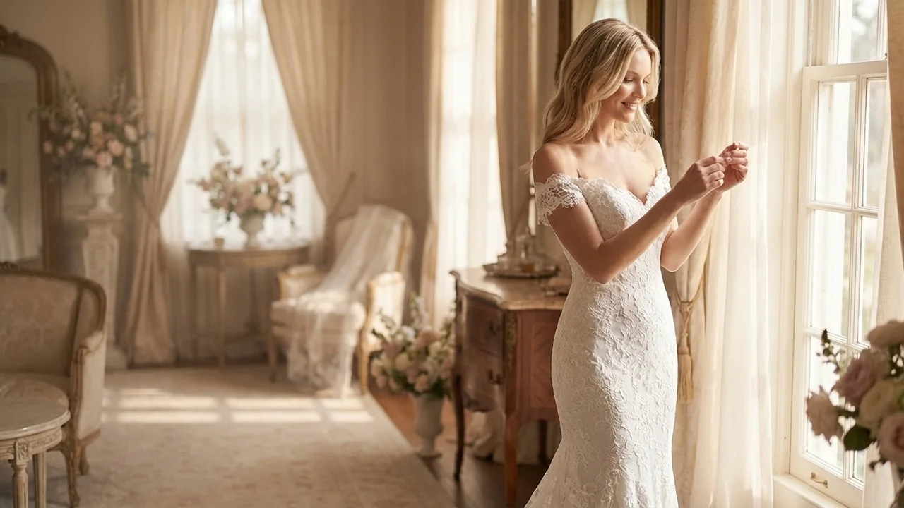 Off Shoulder Lace Mermaid Wedding Dress with Chapel Train - 5