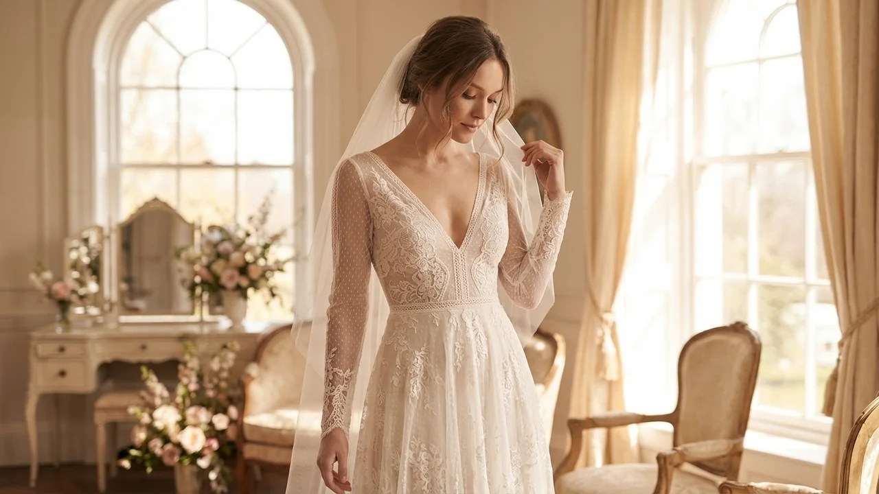 Long Sleeve Lace Bohemian Wedding Dress with Open Back - 5
