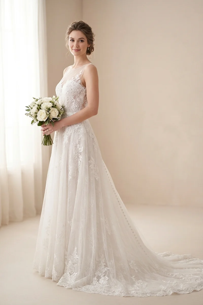 Illusion Neckline Lace A-Line Wedding Dress with Button Back - 1