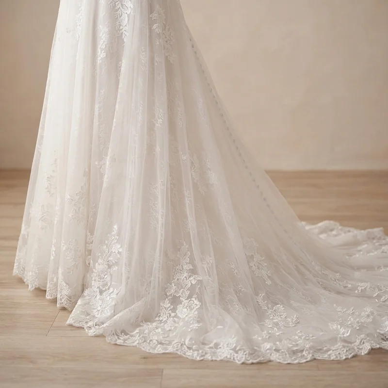 Illusion Neckline Lace A-Line Wedding Dress with Button Back - 4