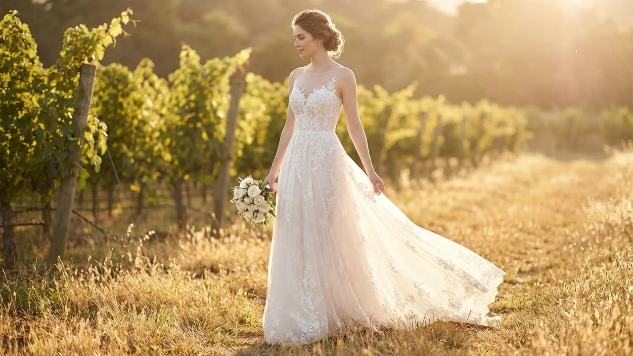 Illusion Neckline Lace A-Line Wedding Dress with Button Back - 6