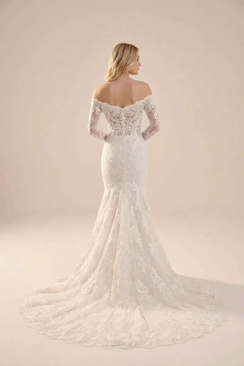 Fitted Lace Sleeve Mermaid Wedding Dress - 2