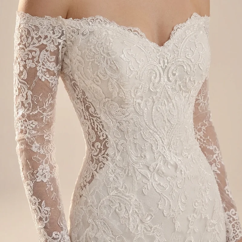 Fitted Lace Sleeve Mermaid Wedding Dress - 3