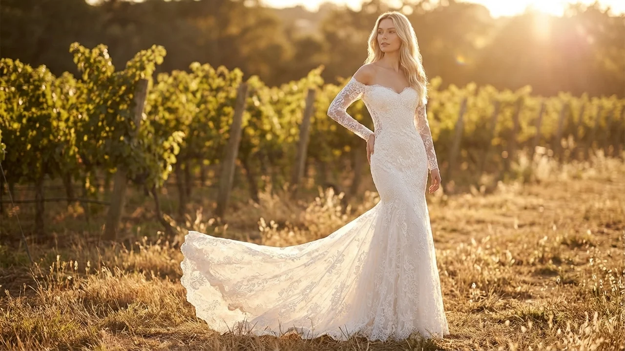 Fitted Lace Sleeve Mermaid Wedding Dress - 6