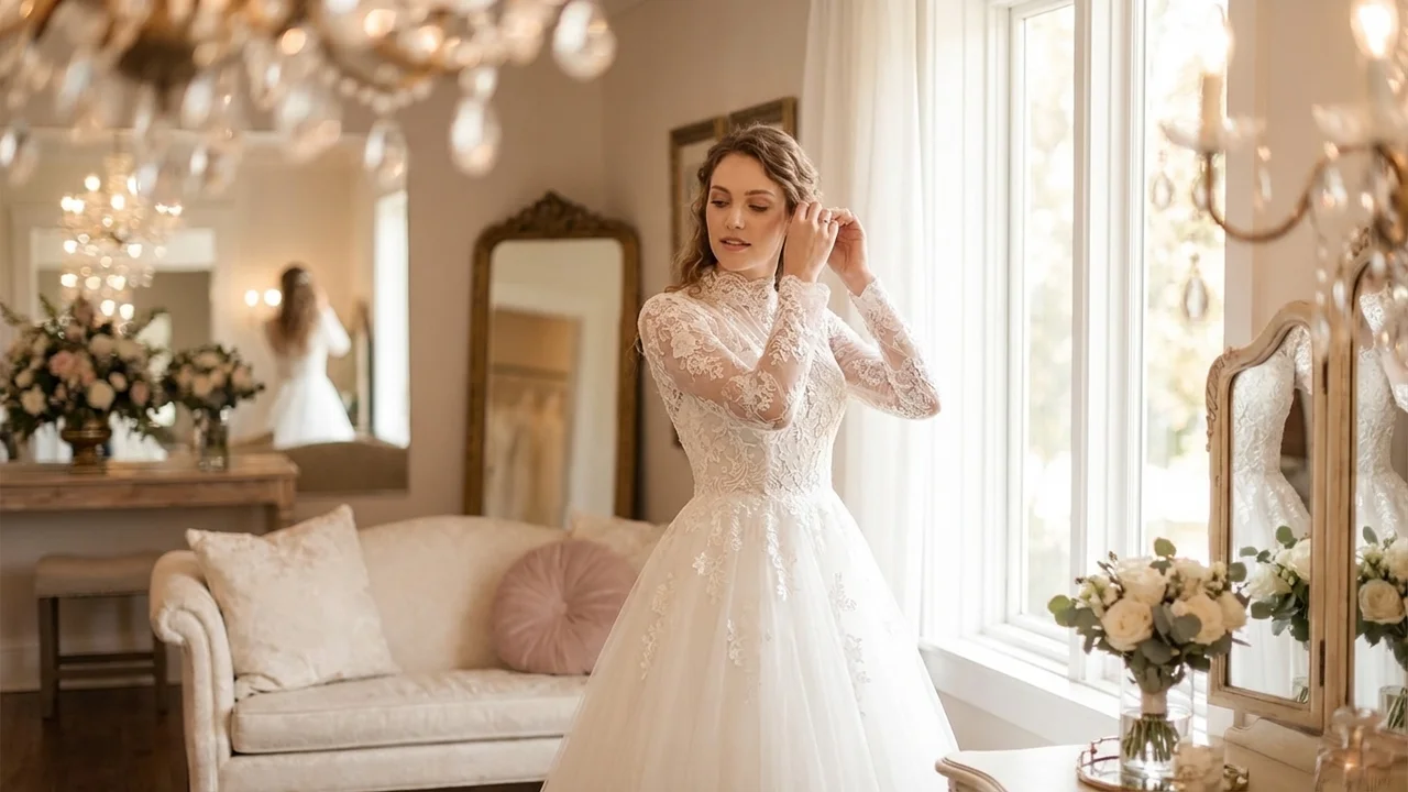 Modest Lace Sleeve Ballgown Wedding Dress - 5