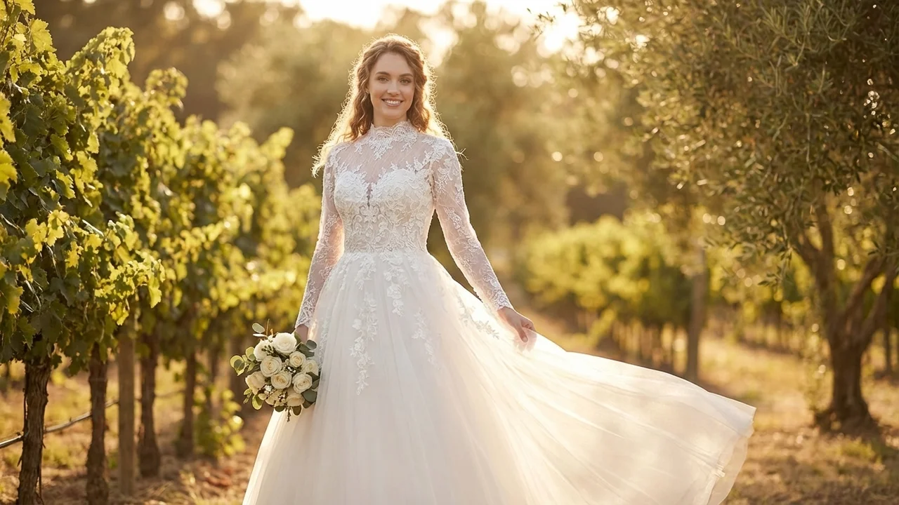 Modest Lace Sleeve Ballgown Wedding Dress - 6