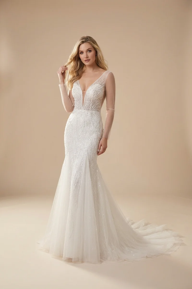 Mermaid Sparkly Beaded Wedding Dress with Plunge Neckline - 1