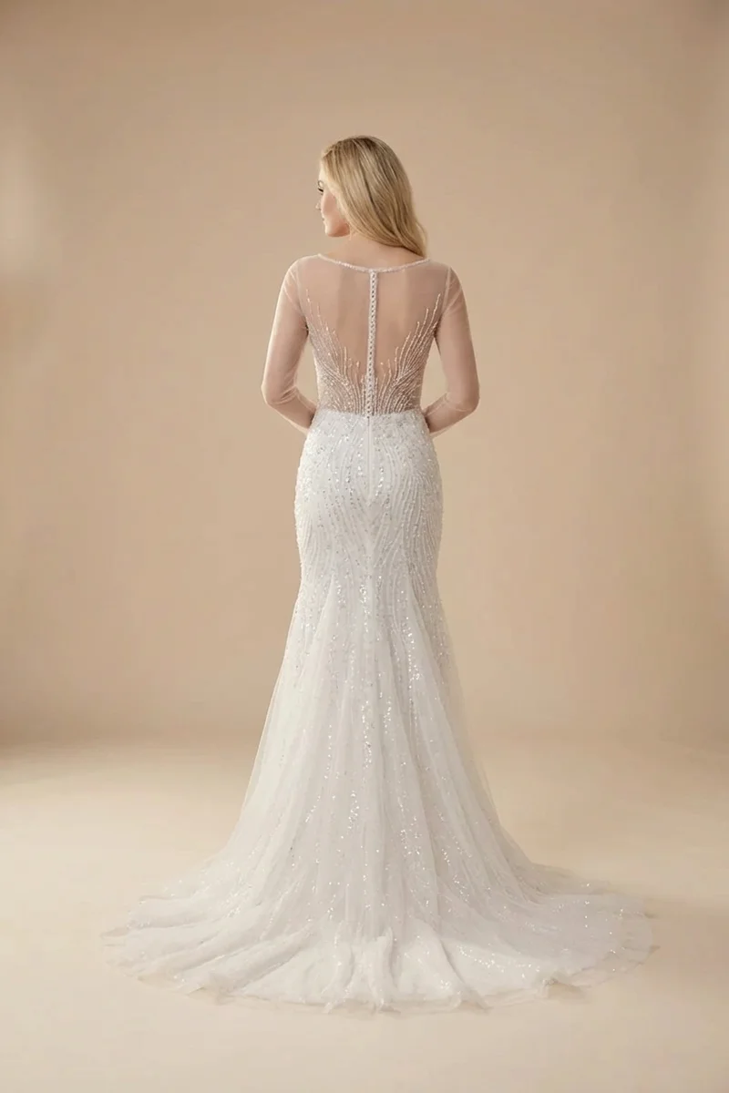 Mermaid Sparkly Beaded Wedding Dress with Plunge Neckline - 2