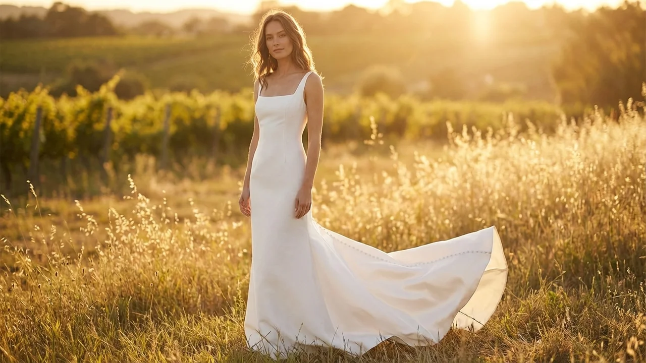 Modern Structured Satin Wedding Dress with Architectural Neckline - 6