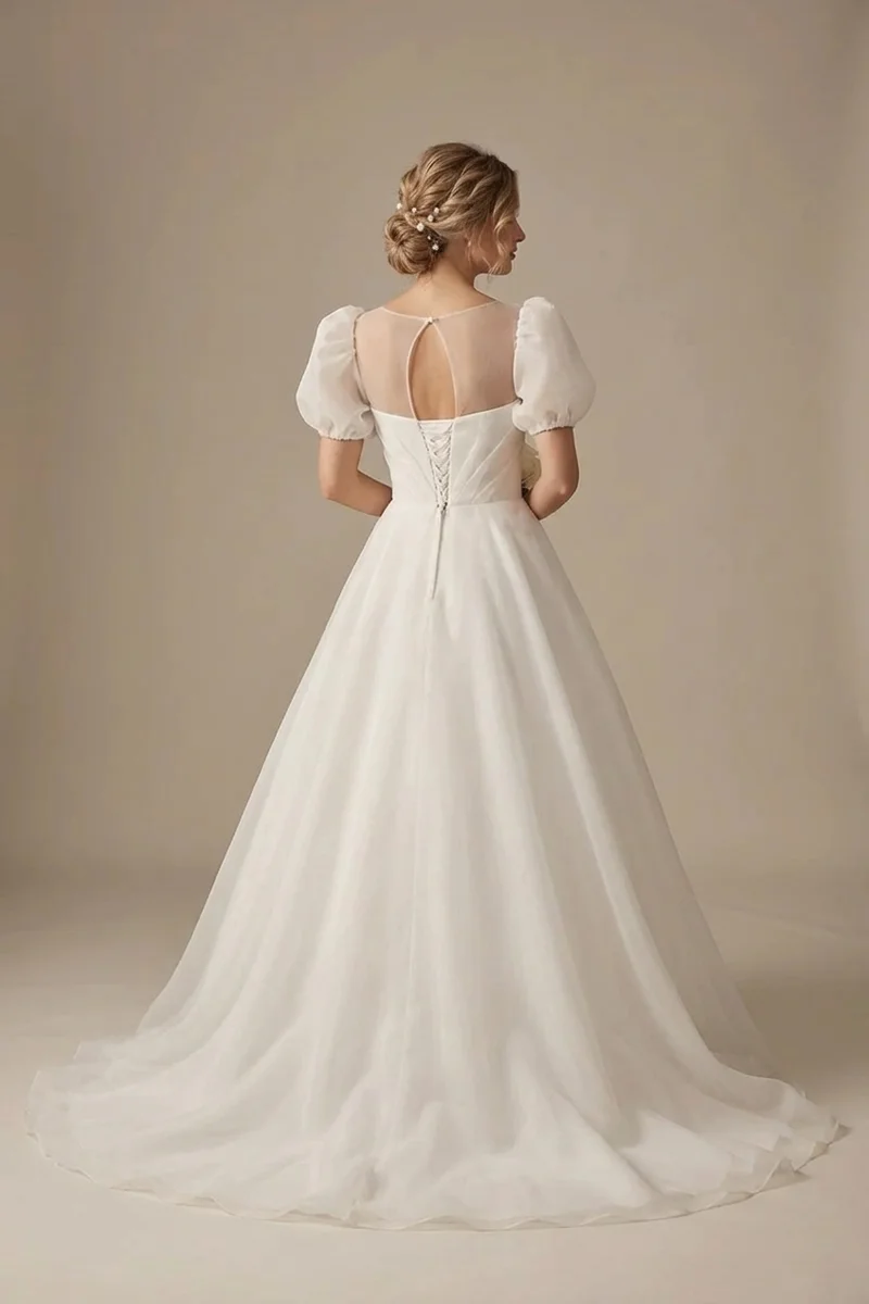 Julia Puff Sleeve Organza Princess Wedding Dress - 2