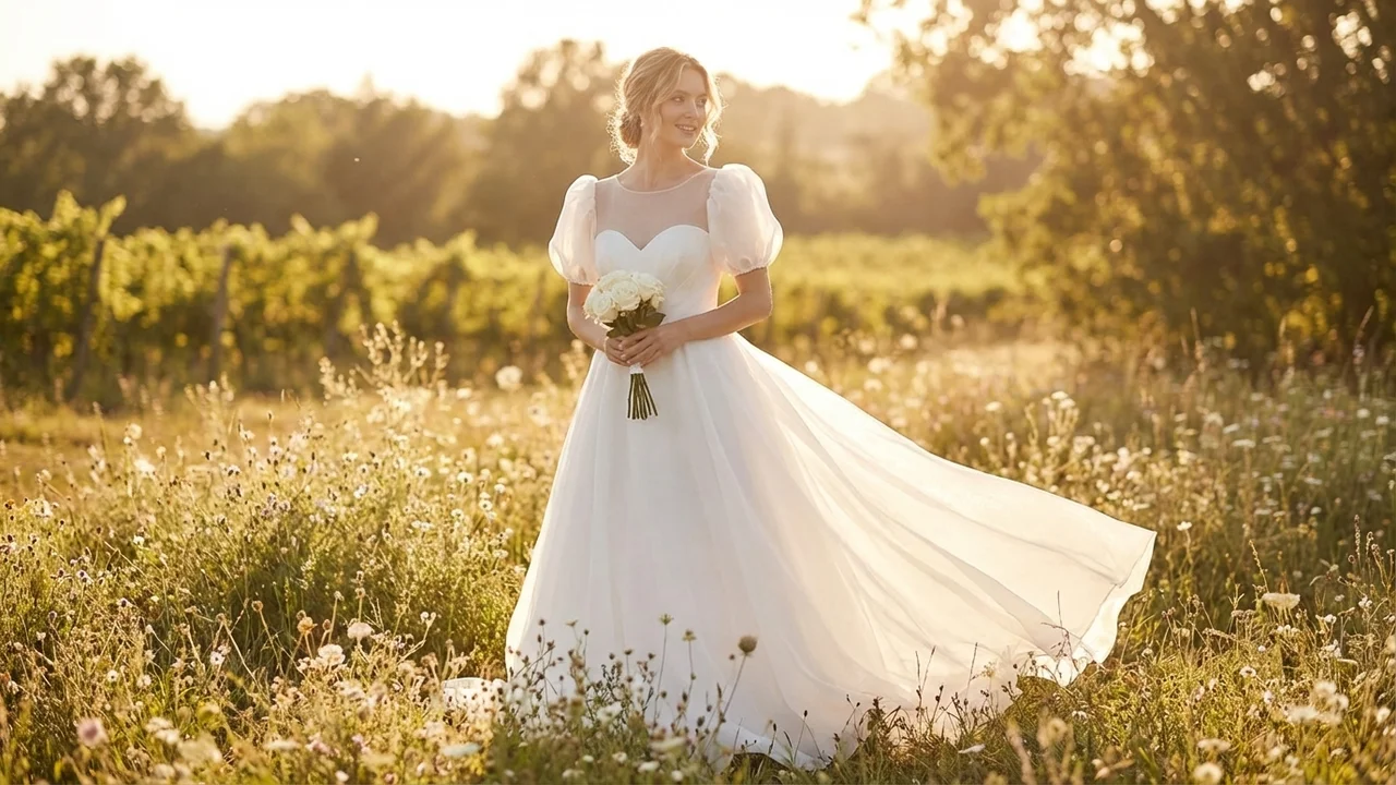 Julia Puff Sleeve Organza Princess Wedding Dress - 6