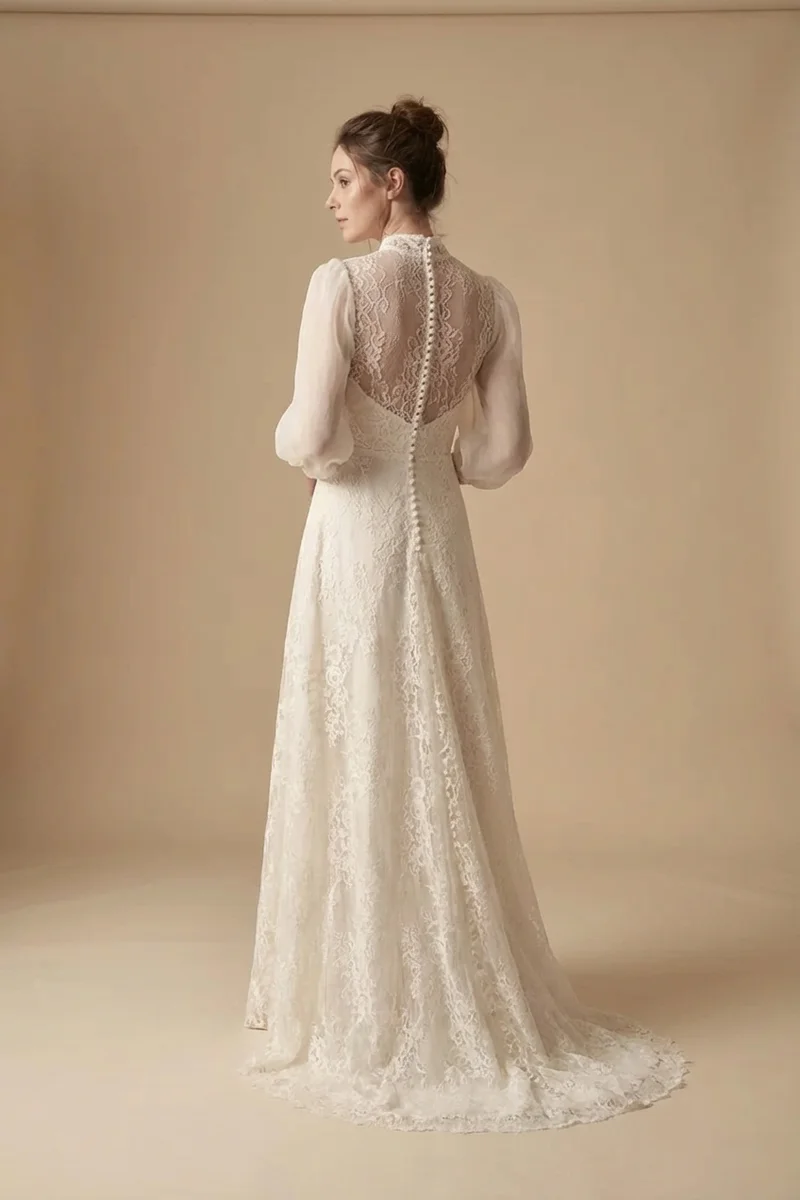 Kate Puff Sleeve Lace Vintage Wedding Dress - 2