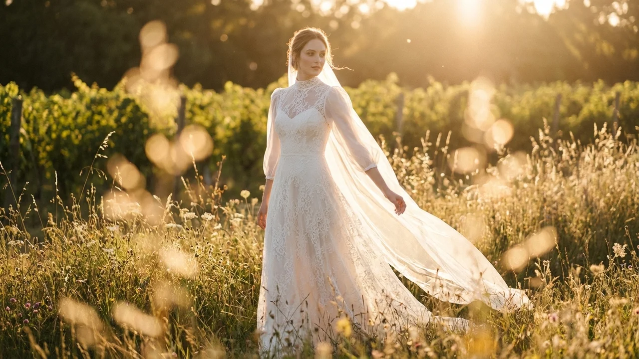 Kate Puff Sleeve Lace Vintage Wedding Dress - 6