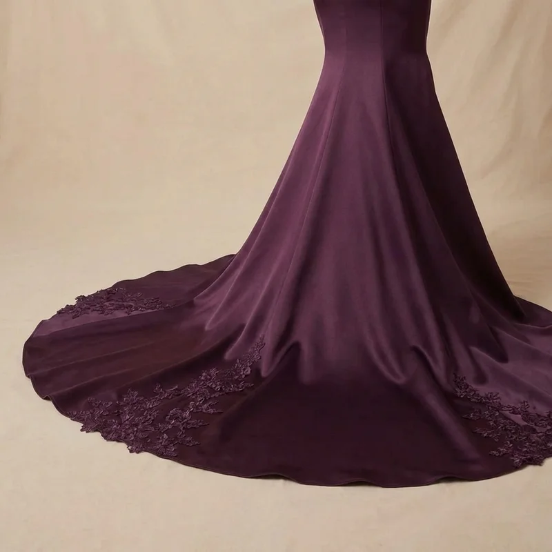 Plum Satin Mermaid Purple Wedding Dress - 4