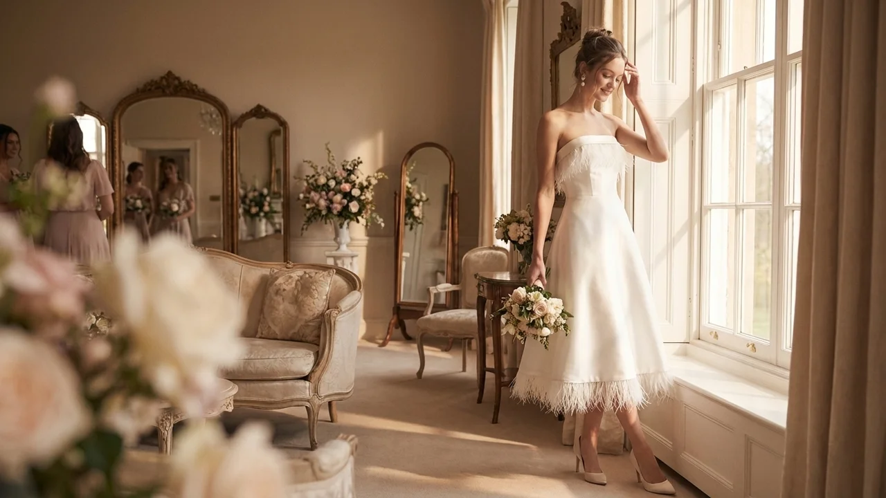 Feather Trim Cocktail Reception Dress - 5