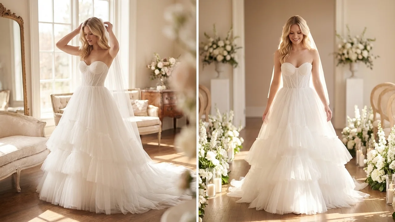 Grace Ruffle Tiered Tulle Ball Gown Wedding Dress - 5