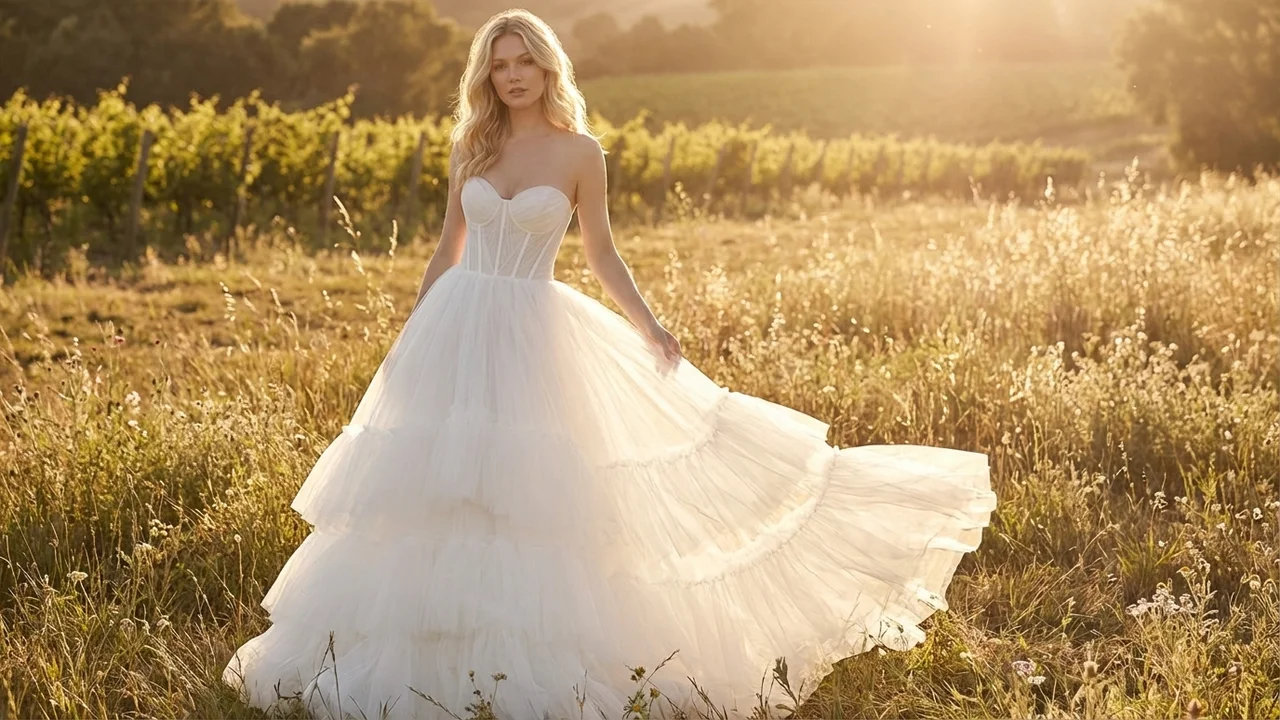 Grace Ruffle Tiered Tulle Ball Gown Wedding Dress - 6