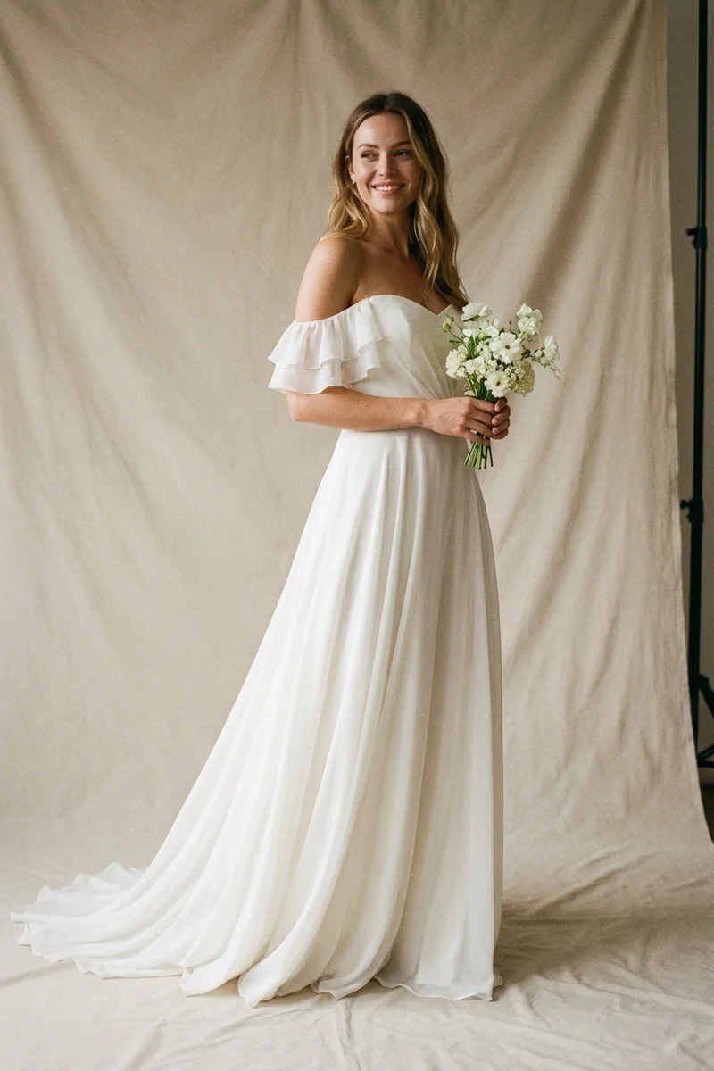 Harper Ruffle Off-Shoulder Chiffon Wedding Dress - 1
