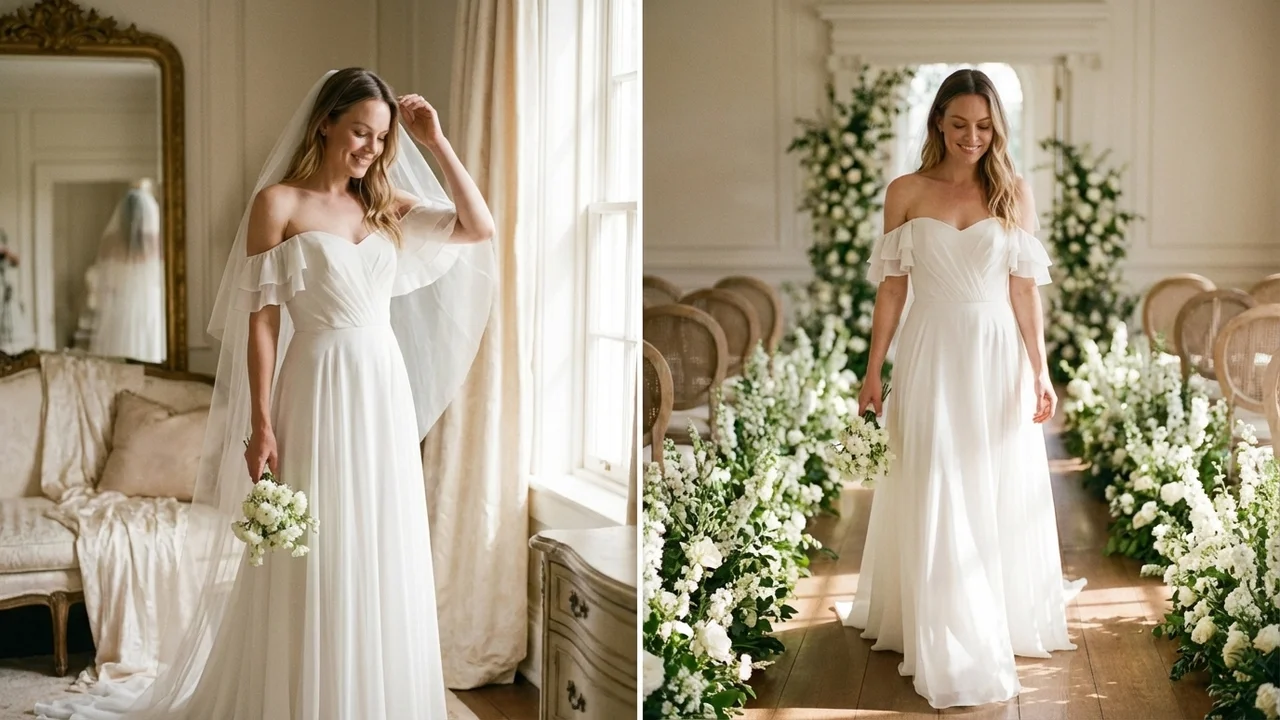 Harper Ruffle Off-Shoulder Chiffon Wedding Dress - 5