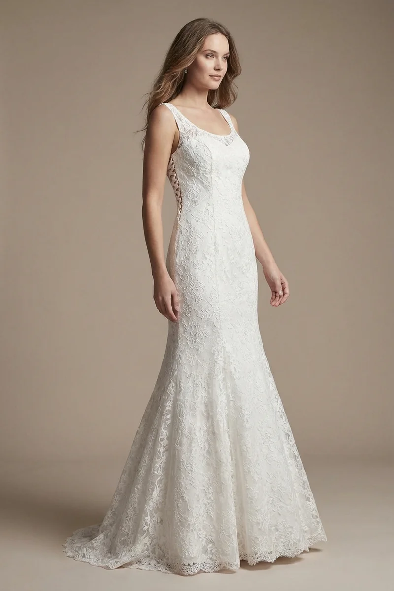 Scoop Neck Lace Fit and Flare Wedding Dress with Corset Back - 1