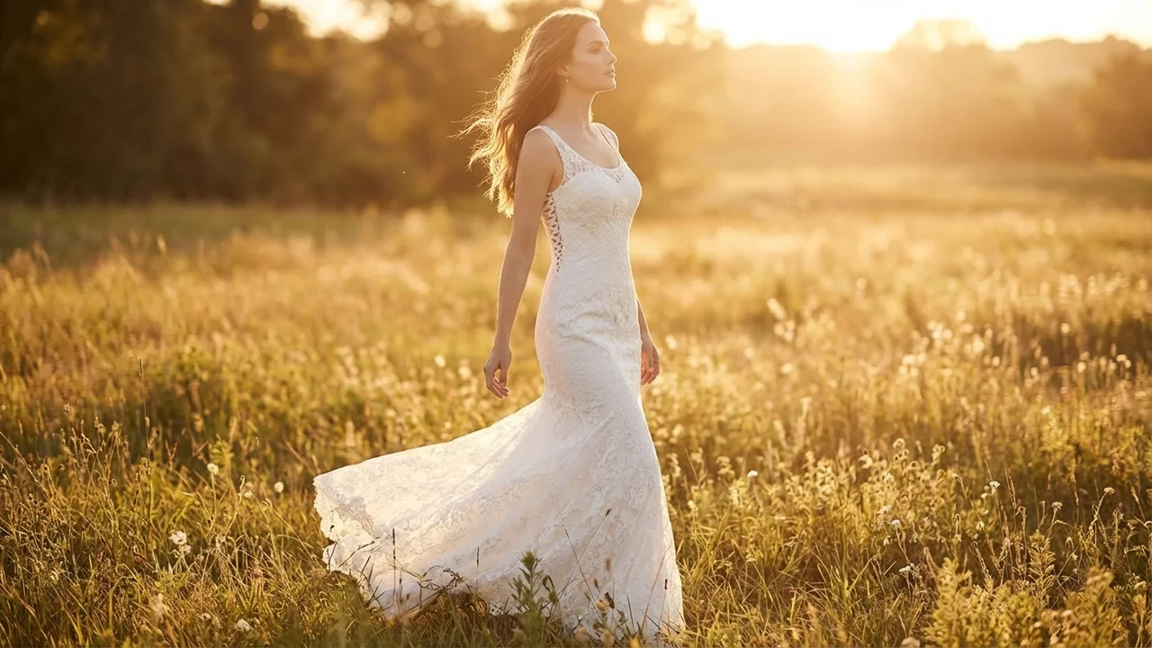 Scoop Neck Lace Fit and Flare Wedding Dress with Corset Back - 6