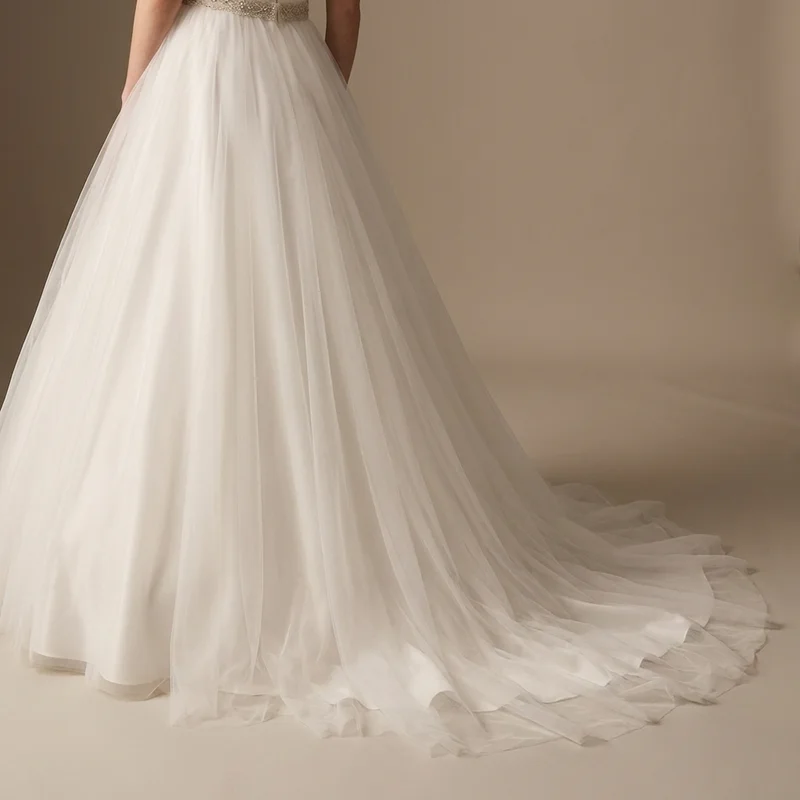 Scoop Neck Tulle Princess Wedding Dress with Beaded Belt - 4