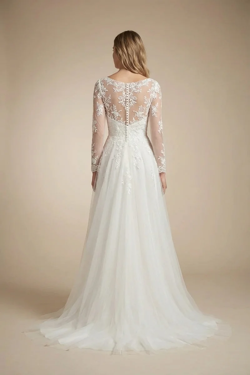 Illusion Lace Sheer Sleeve Wedding Dress - 2