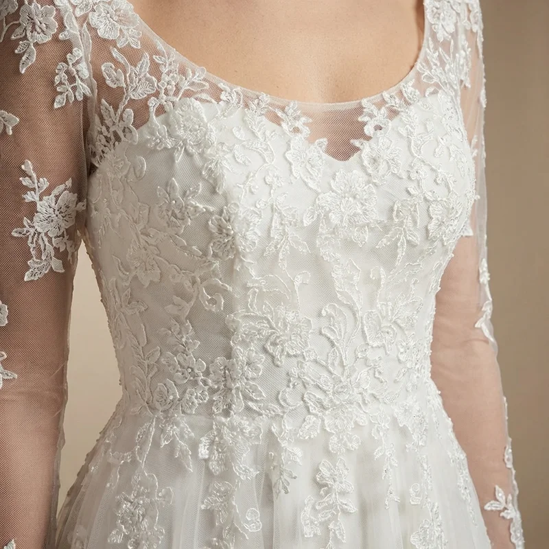 Illusion Lace Sheer Sleeve Wedding Dress - 3
