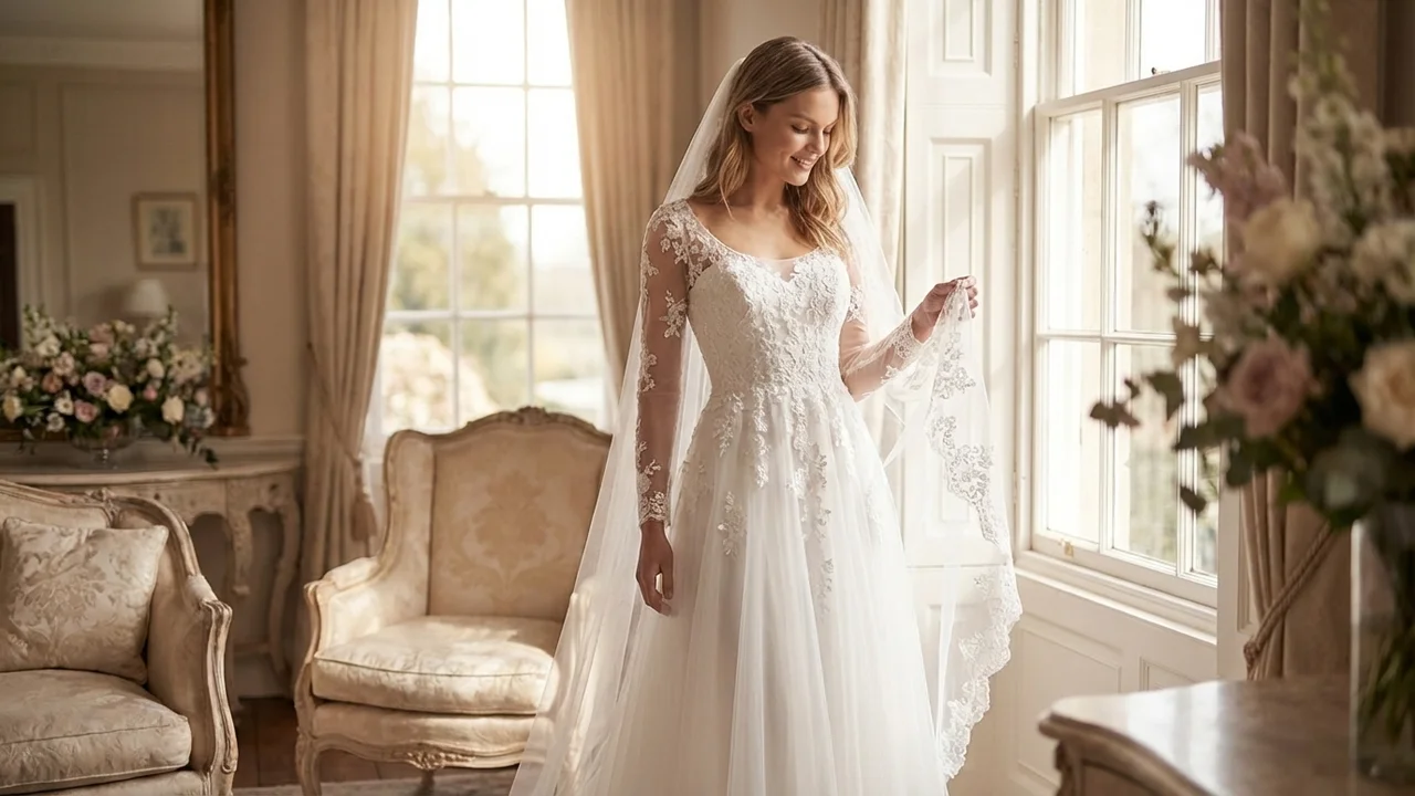 Illusion Lace Sheer Sleeve Wedding Dress - 5