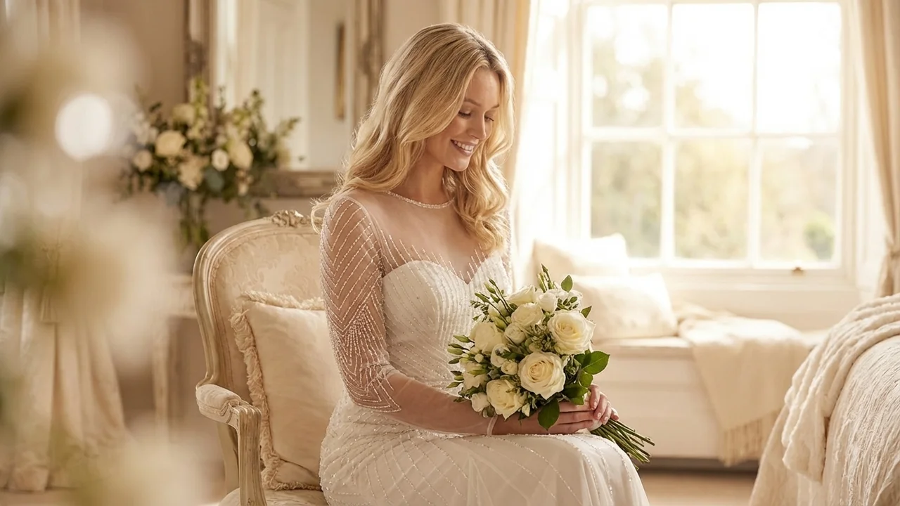 Beaded Sheer Sleeve Fitted Wedding Dress - 5