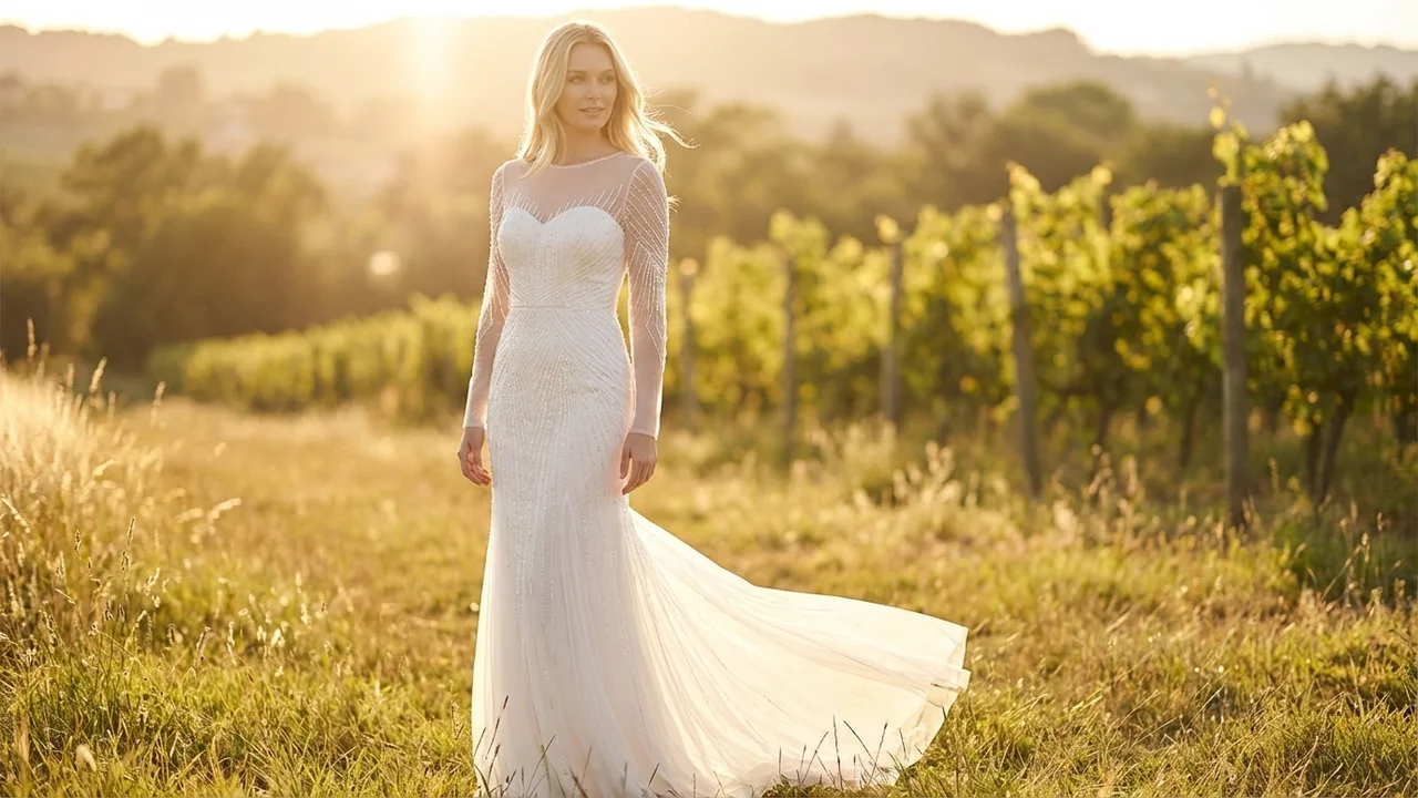 Beaded Sheer Sleeve Fitted Wedding Dress - 6