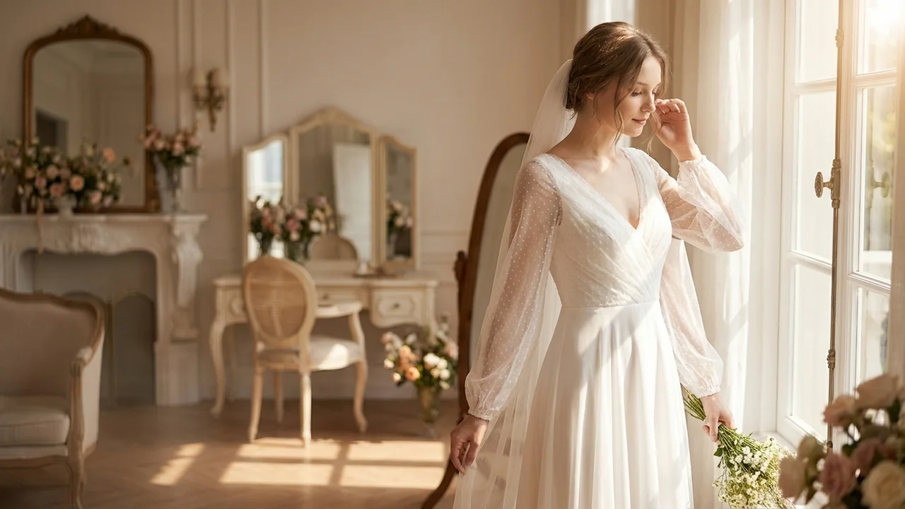 Bohemian Sheer Sleeve Chiffon Wedding Dress - 5