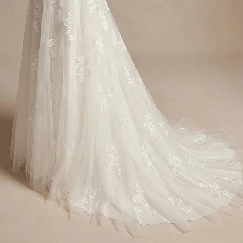 Modest Lace Short Sleeve Wedding Dress - 4