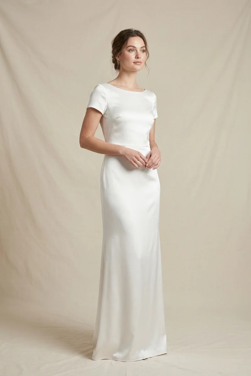 Minimalist Satin Short Sleeve Wedding Dress - 1